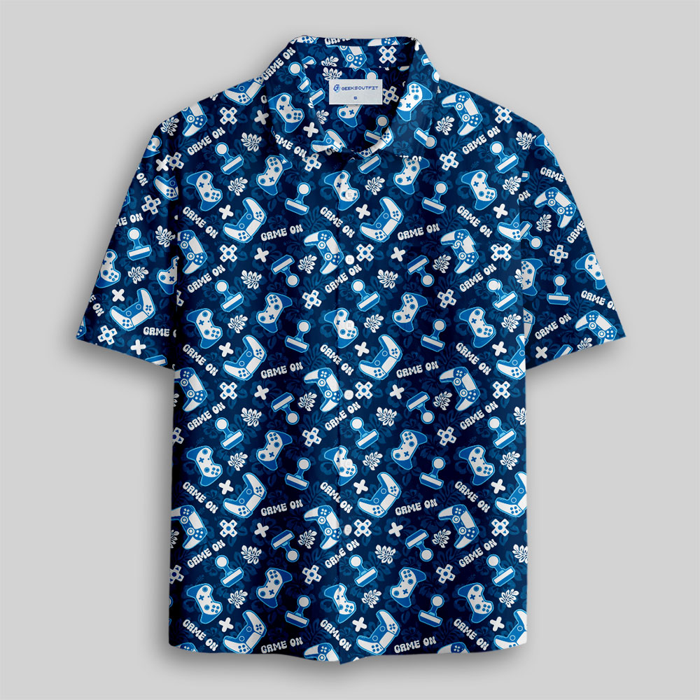 Game on Blue Gamepad Button Up Pocket Shirt