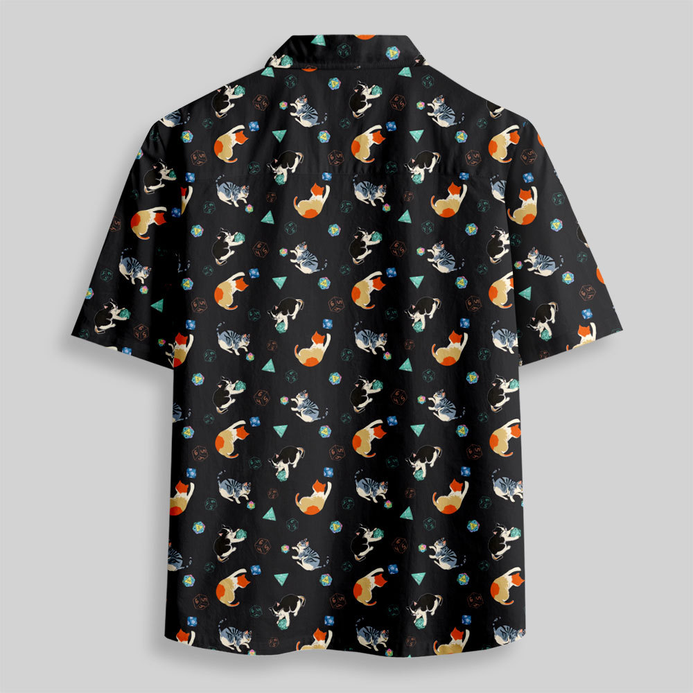 Feline Fun with DnD Dice Black Button Up Pocket Shirt