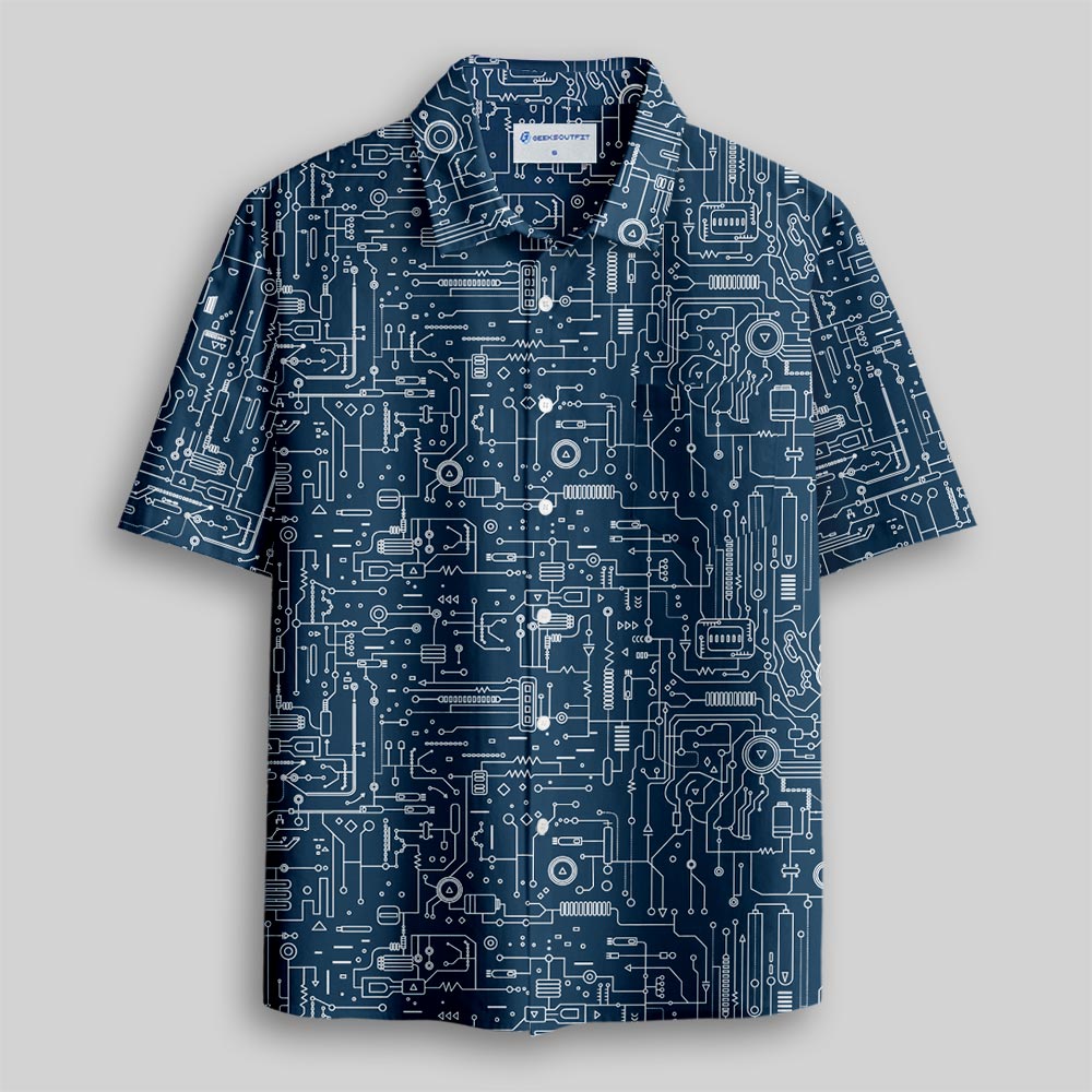 Faulty Circuit Board Blue Button Up Pocket Shirt