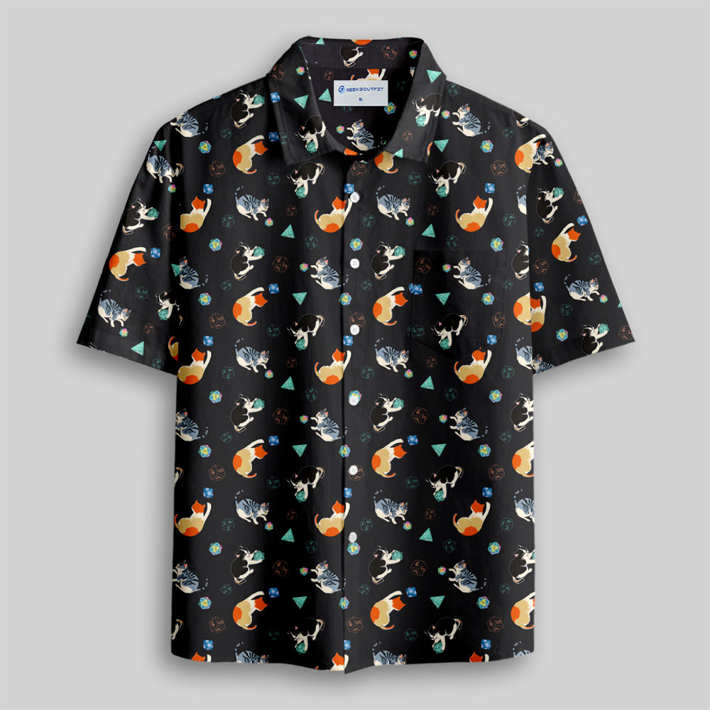 Feline Fun with DnD Dice Black Button Up Pocket Shirt