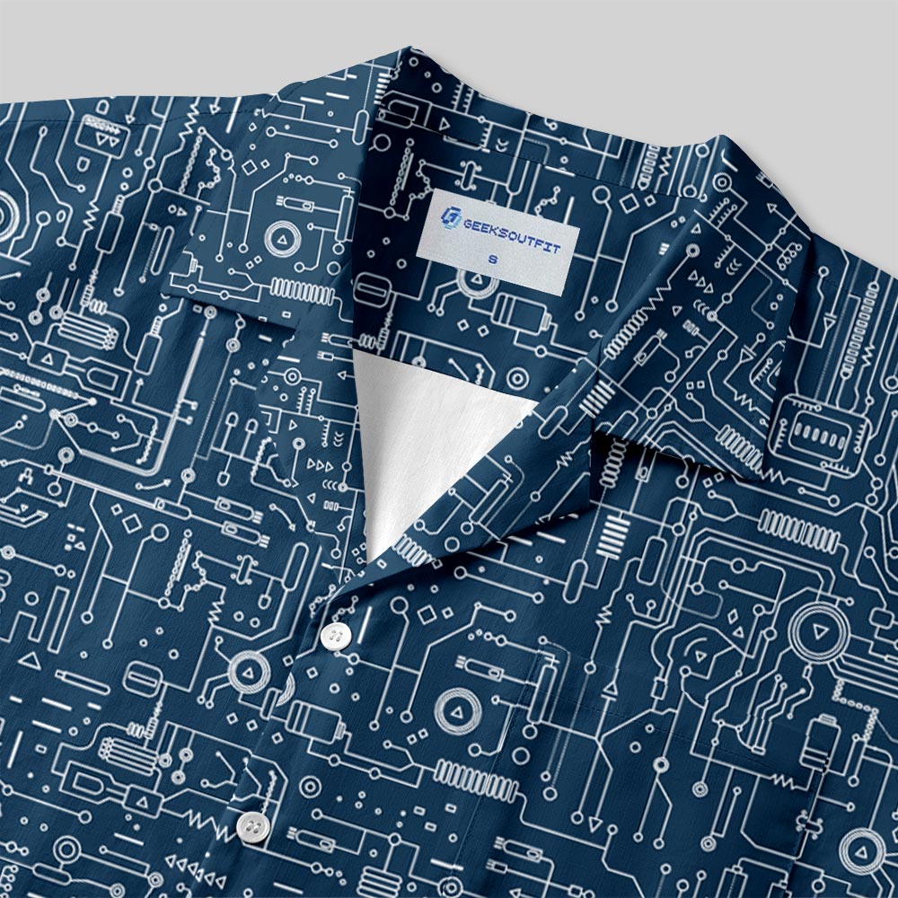 Faulty Circuit Board Blue Button Up Pocket Shirt