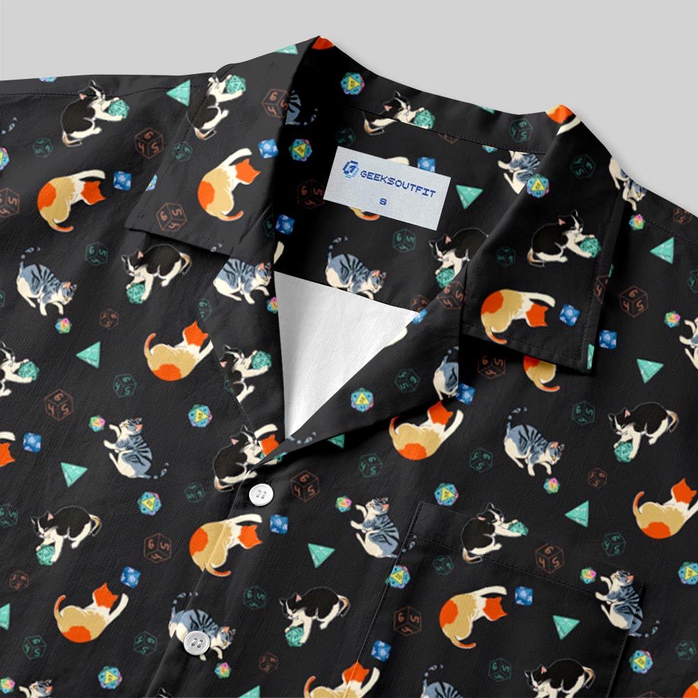Feline Fun with DnD Dice Black Button Up Pocket Shirt