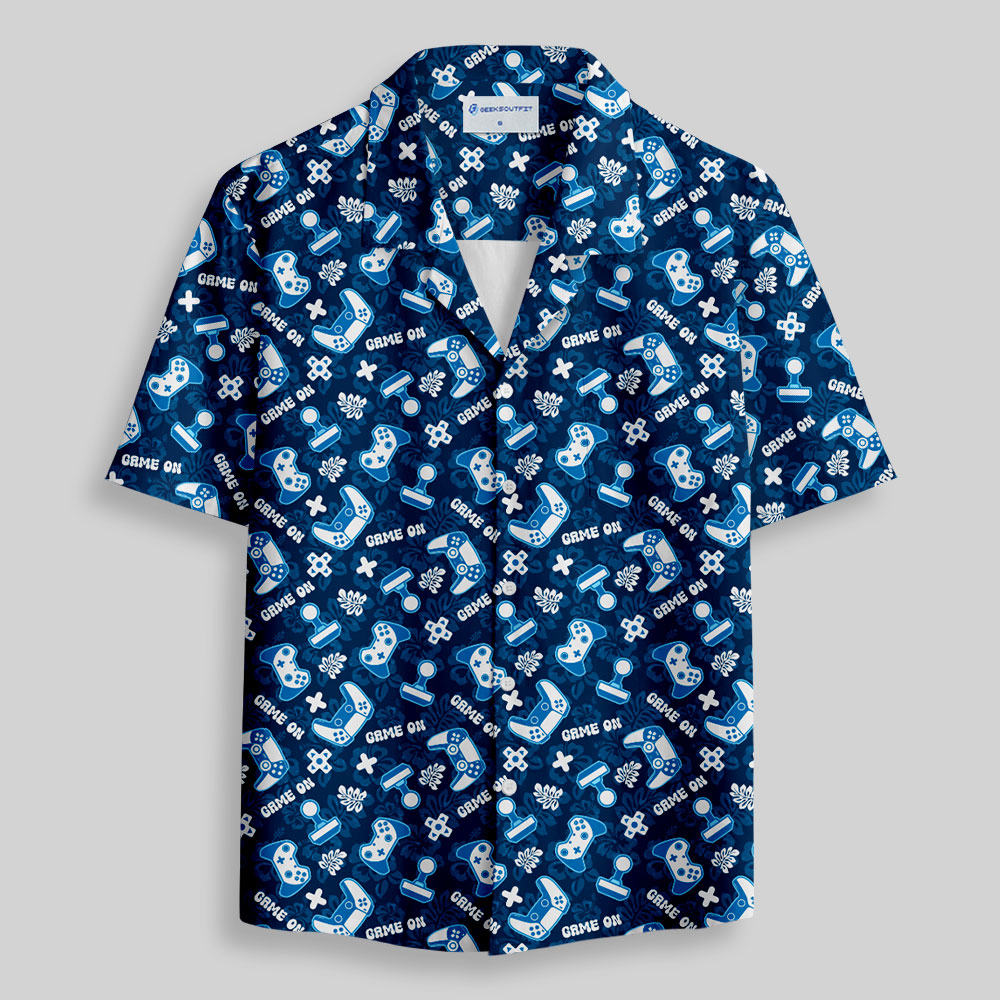 Game on Blue Gamepad Button Up Pocket Shirt