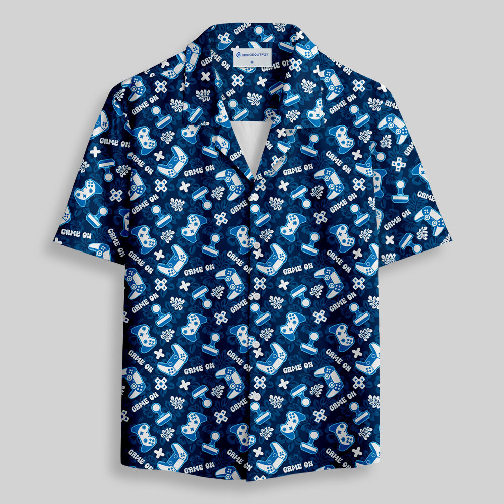 Game on Blue Gamepad Button Up Pocket Shirt