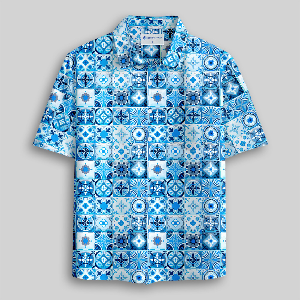 Portuguese Retro Tile Pattern Button Up Pocket Shirt