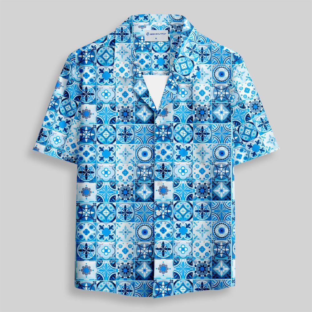 Portuguese Retro Tile Pattern Button Up Pocket Shirt