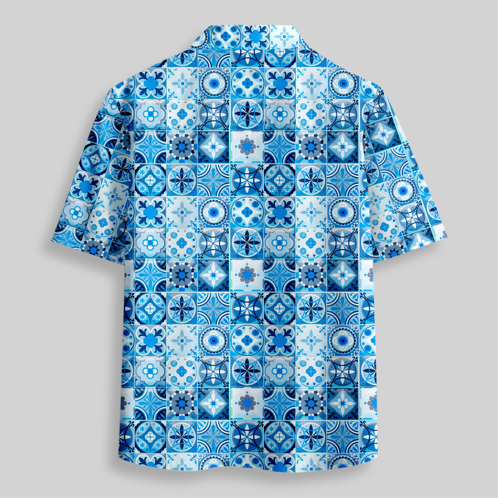 Portuguese Retro Tile Pattern Button Up Pocket Shirt