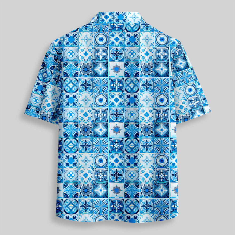 Portuguese Retro Tile Pattern Button Up Pocket Shirt