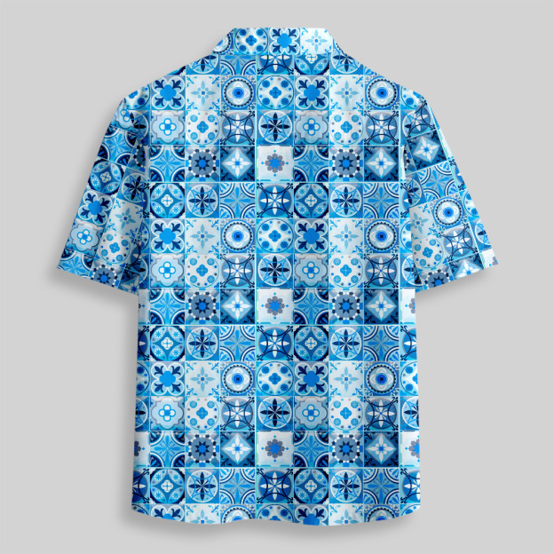 Portuguese Retro Tile Pattern Button Up Pocket Shirt