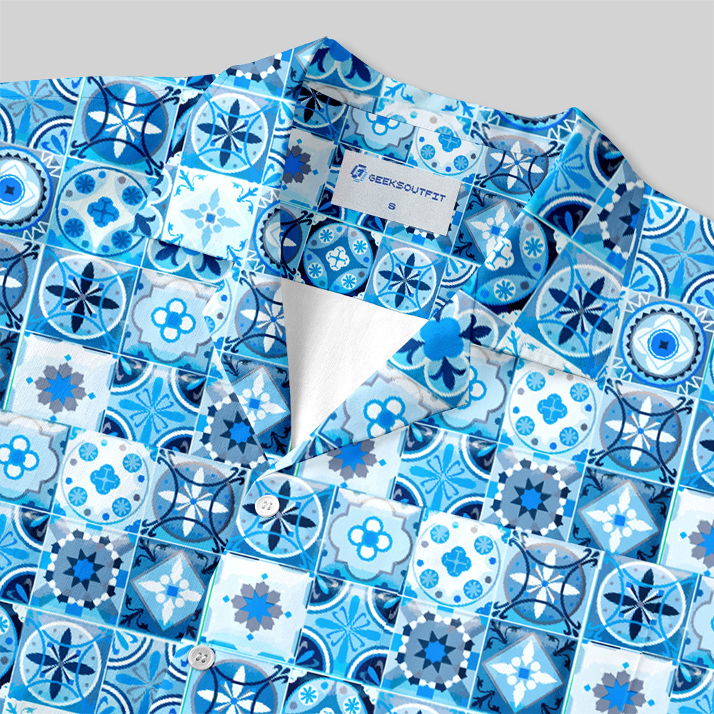 Portuguese Retro Tile Pattern Button Up Pocket Shirt