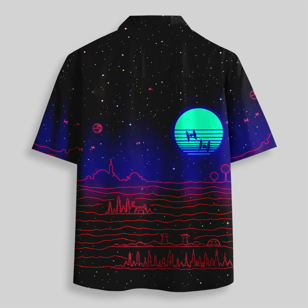 80s Synthwave Galactic Battle Shirt Neon Sunset Fighter Jet Button Up Pocket Shirt