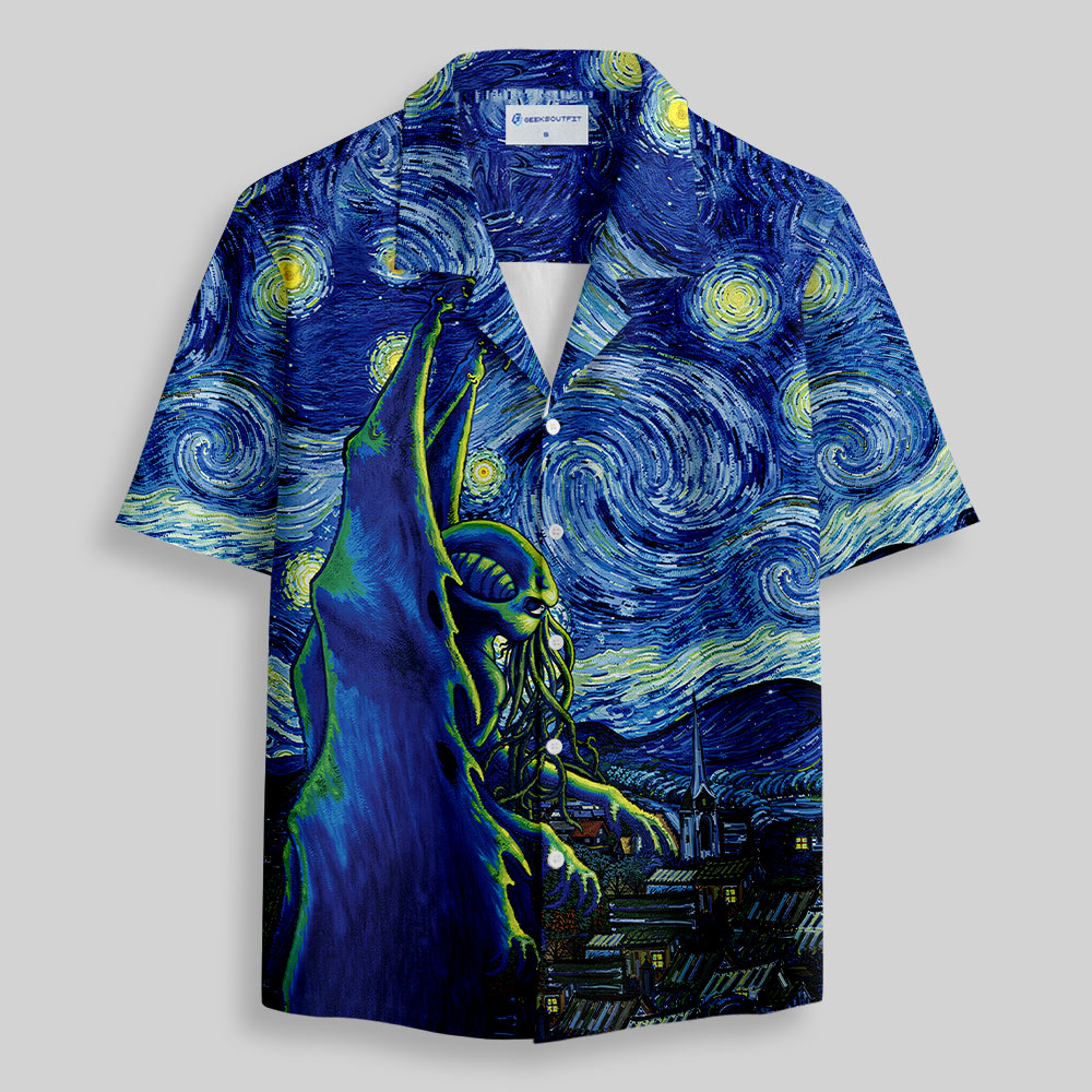Cthulhu Starry Night Button Up Pocket Shirt