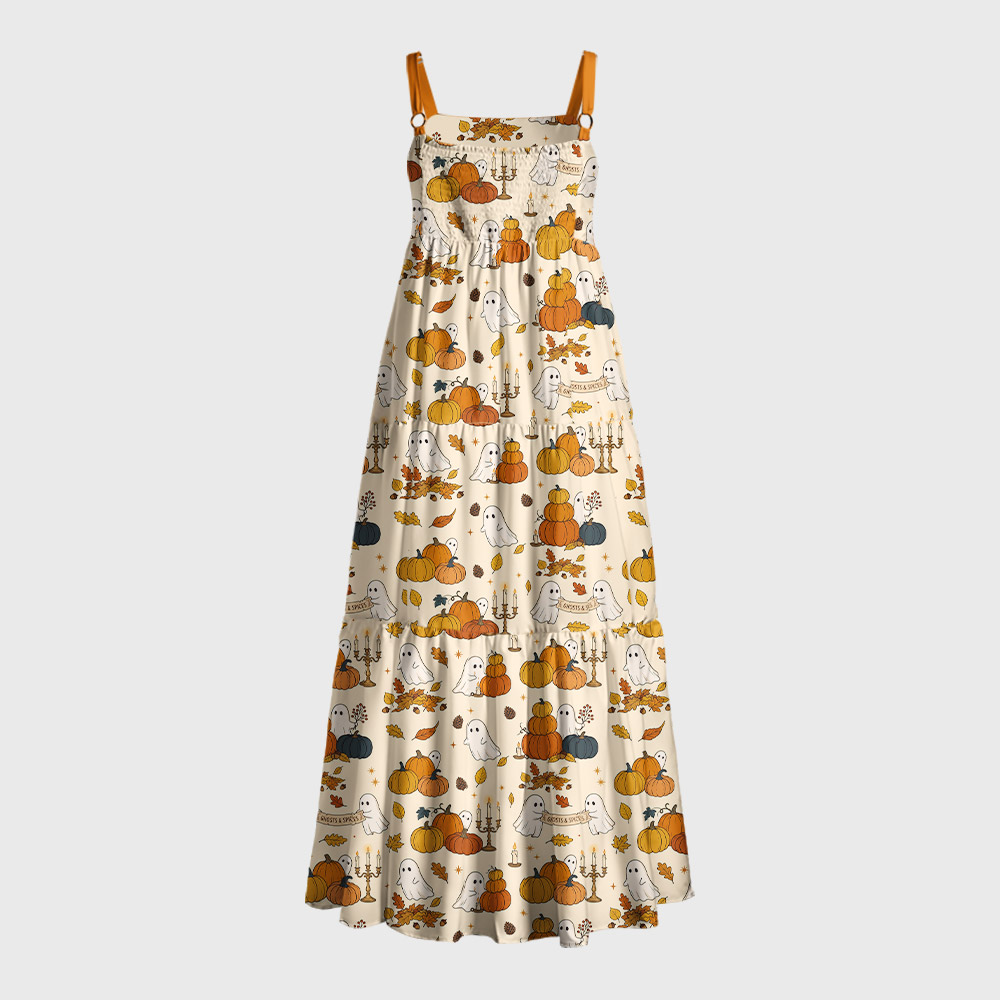 Pumpkin Spice Ghost Geek Tiered Cami Maxi Dress