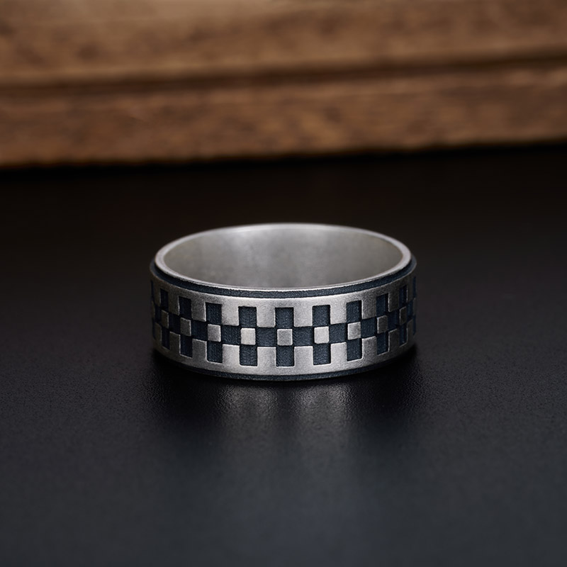 Checkerboard Geek Silver Band Ring