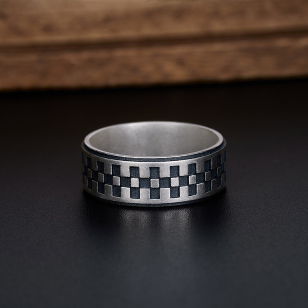 Checkerboard Geek Silver Band Ring