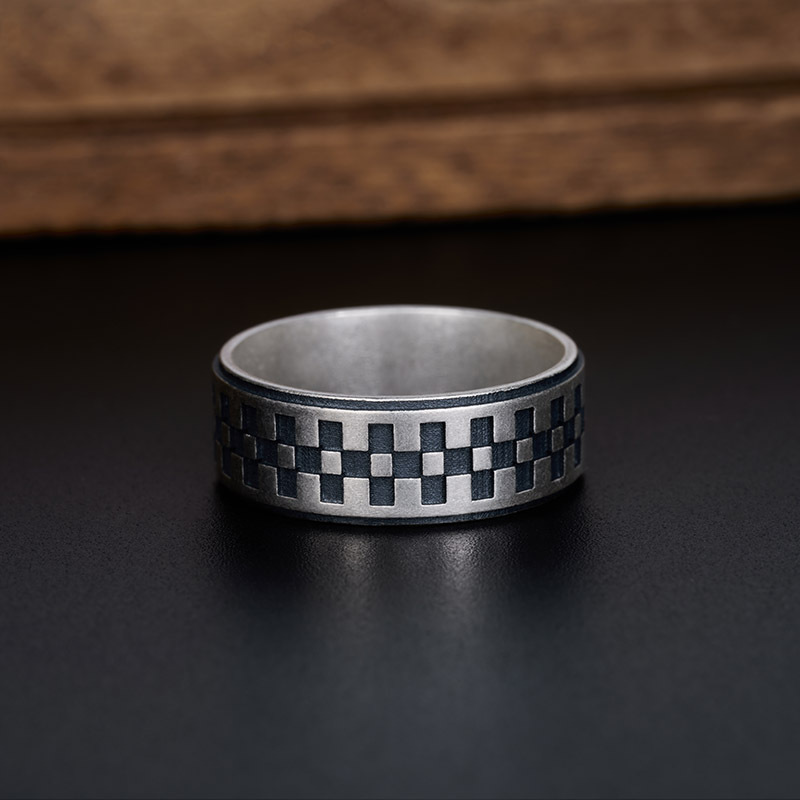 Checkerboard Geek Silver Band Ring