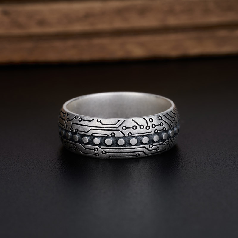 Circuit Board Technology Geek Silver Band Ring