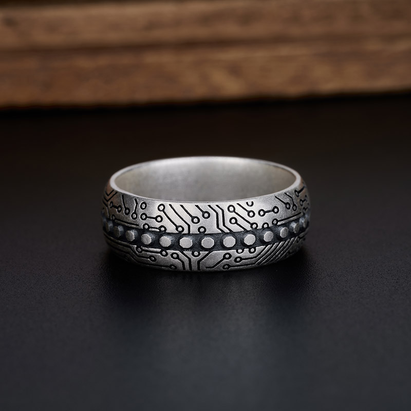 Circuit Board Technology Geek Silver Band Ring