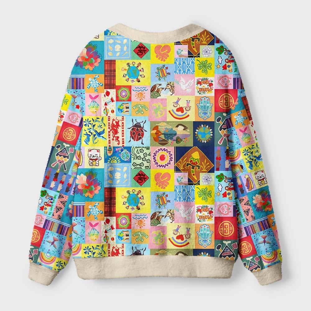 Global Folk Lucky Patchwork Collage Geek Ugly Cardigan Sweaters