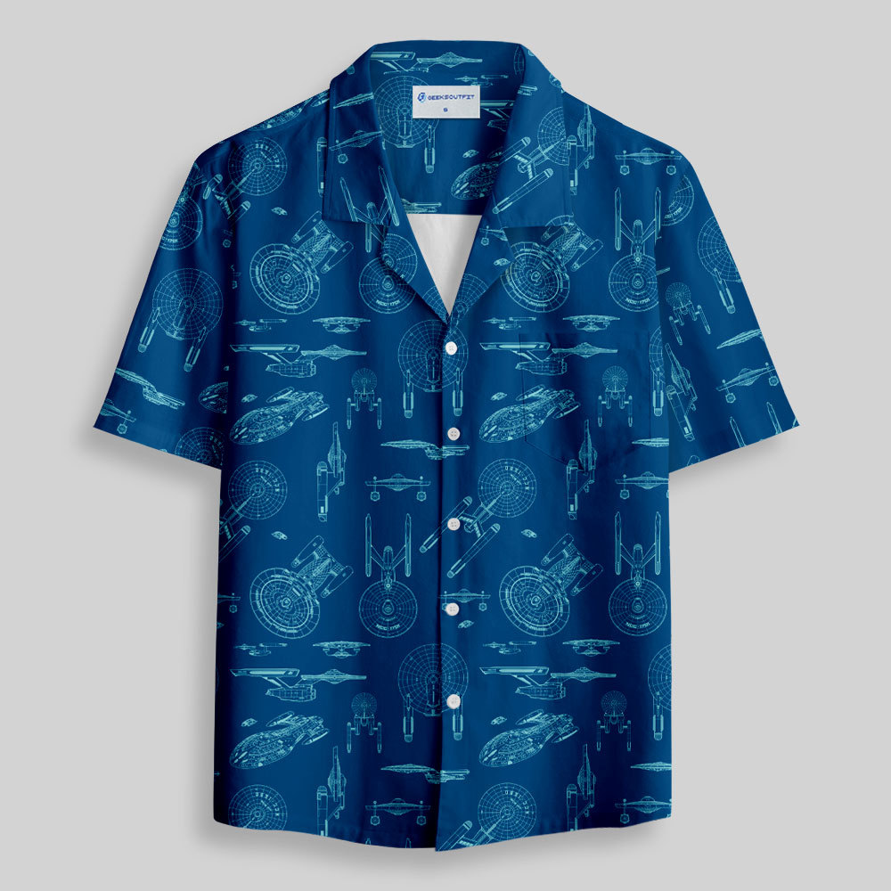 Spaceship Line Drawing Button Up Pocket Shirt