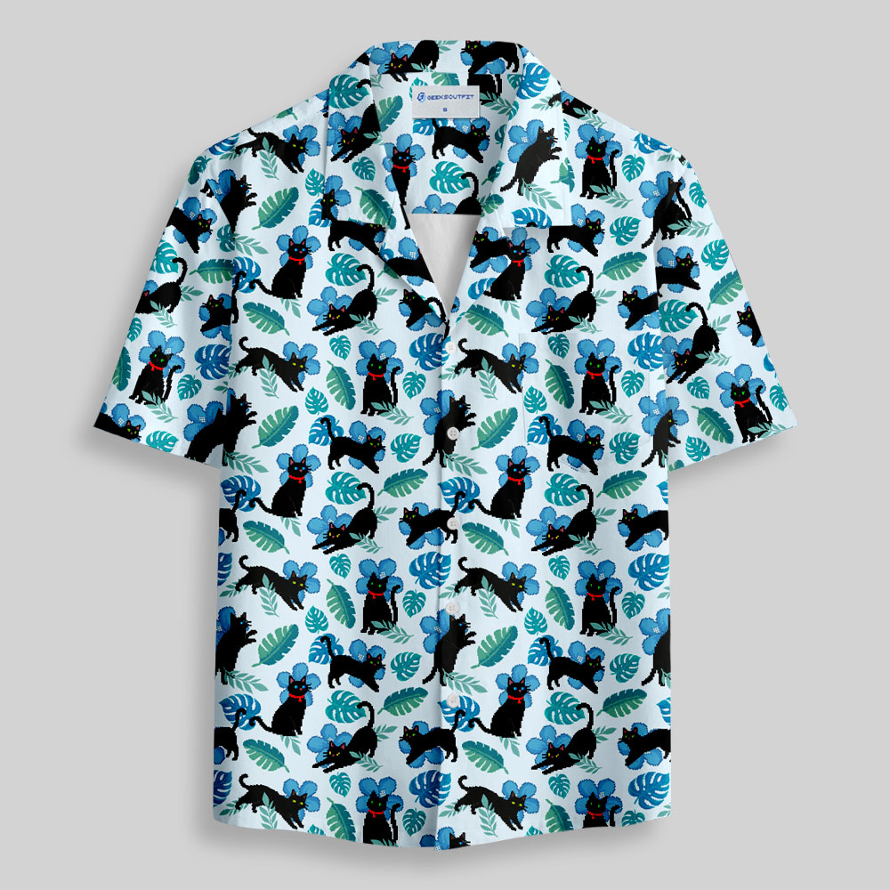 Pixel Cat Hawaii Button Up Pocket Shirt
