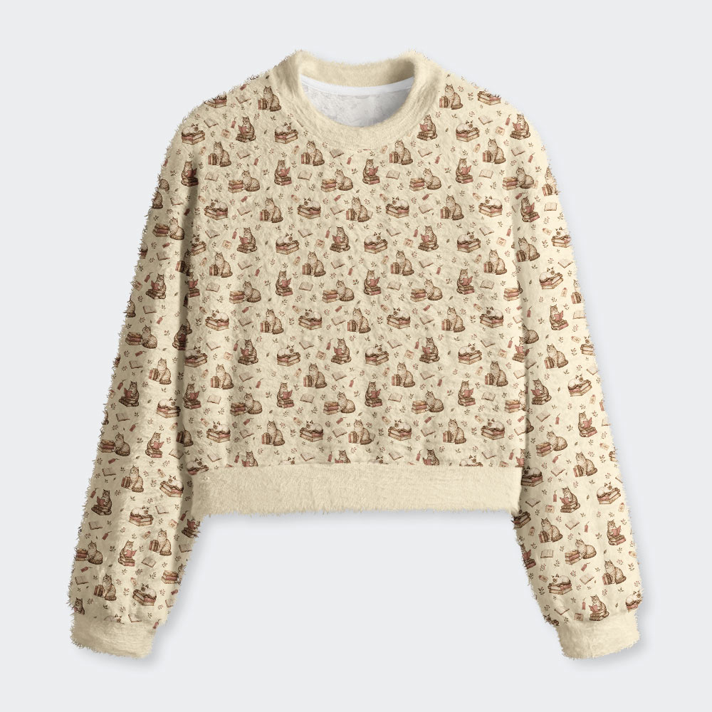 The Bookish Cat Library Geek Women's Fuzzy Fleece Cropped Sweater