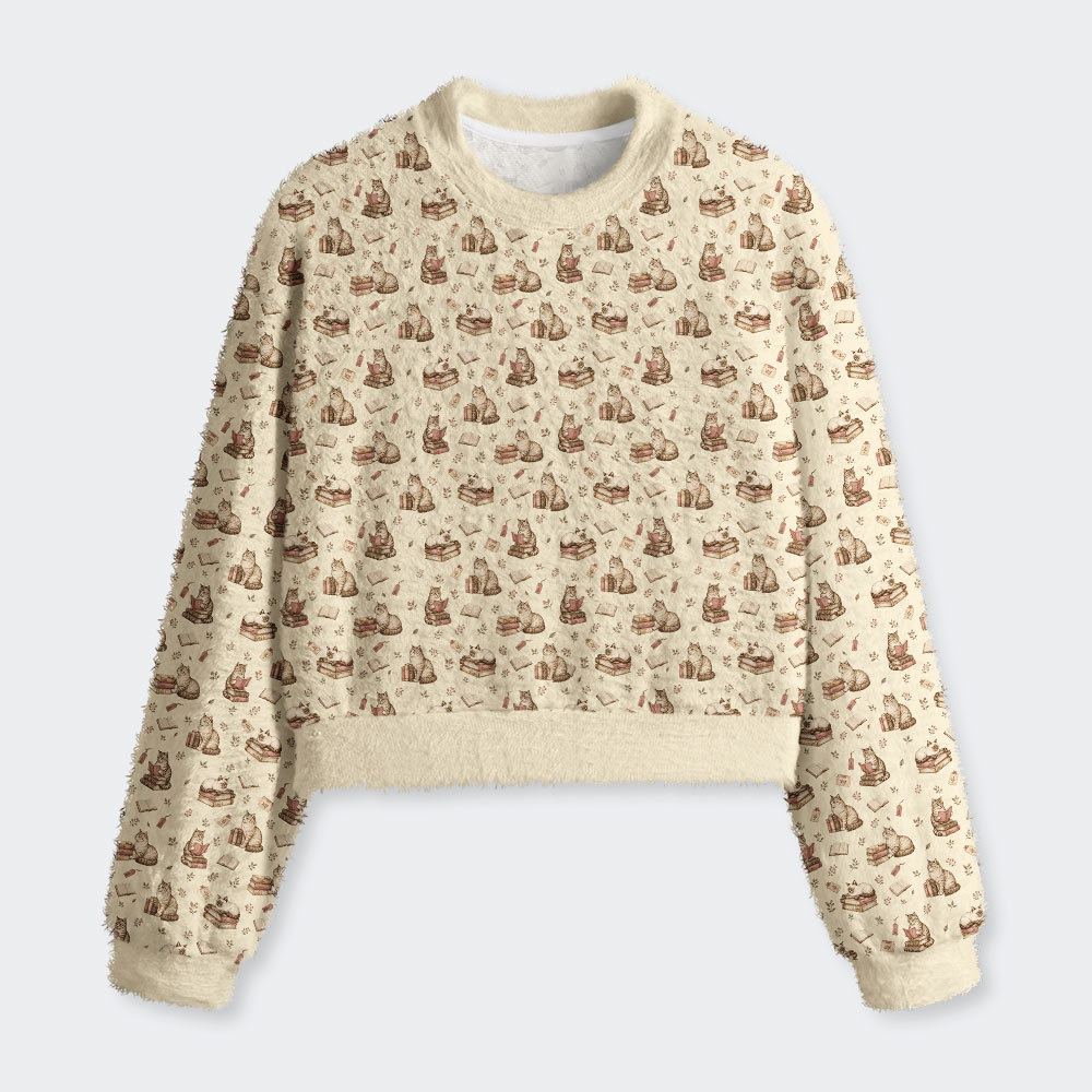 The Bookish Cat Library Geek Women's Fuzzy Fleece Cropped Sweater