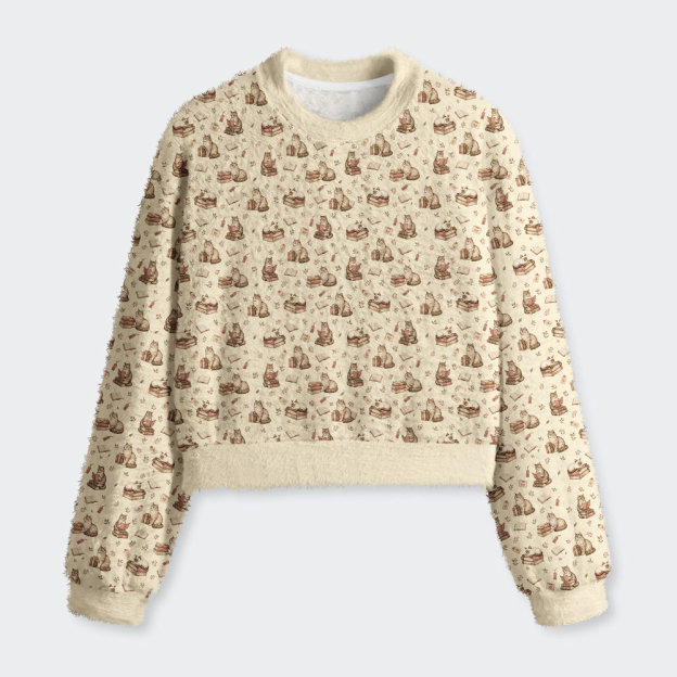The Bookish Cat Library Geek Women's Fuzzy Fleece Cropped Sweater