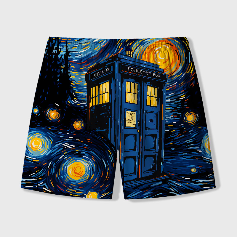 Starry Night Phone Booth Geek Hawaiian Swim Trunks