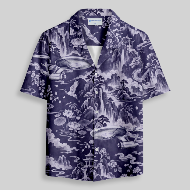 Oriental Mountain Retro Spaceship Fusion Button Up Pocket Shirt