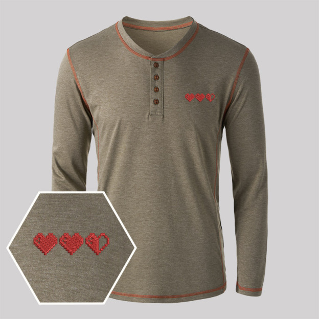 Pixel Hearts Geek Embroidered Long Sleeve Henley Shirts