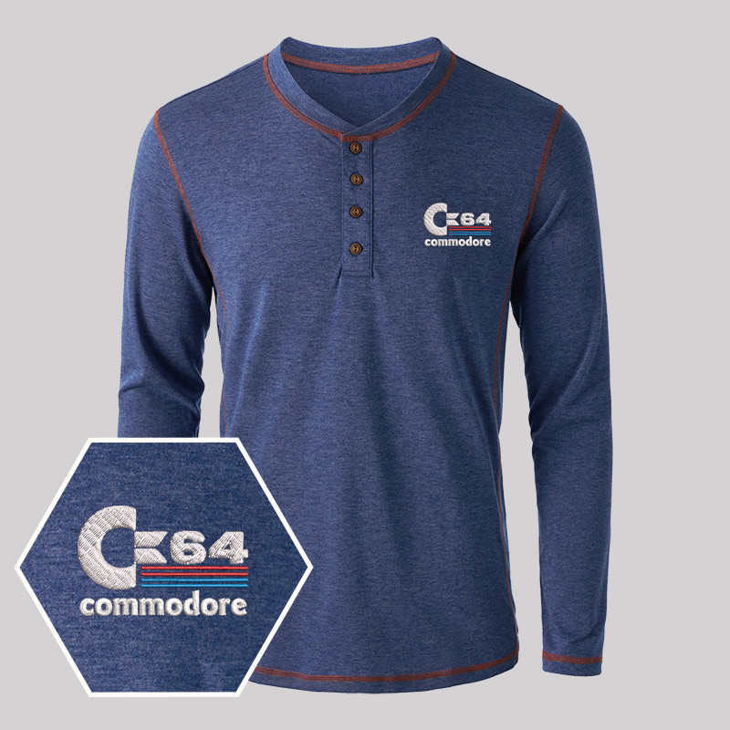 C64 Embroidered Long Sleeve Henley Shirts