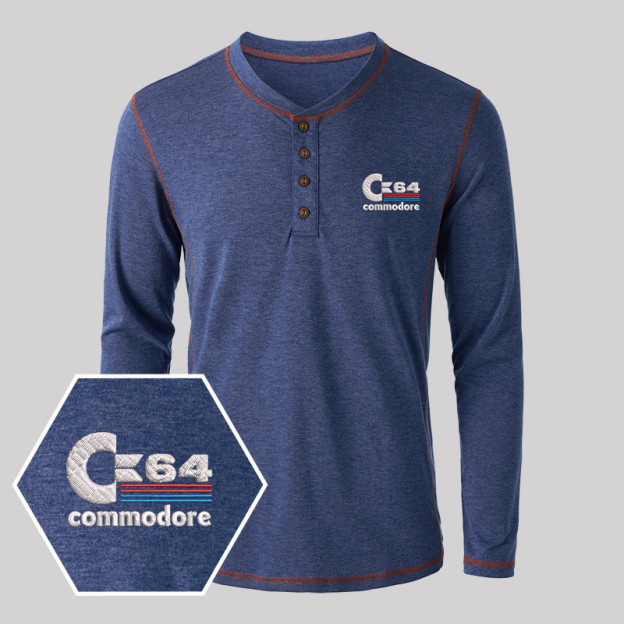 C64 Embroidered Long Sleeve Henley Shirts