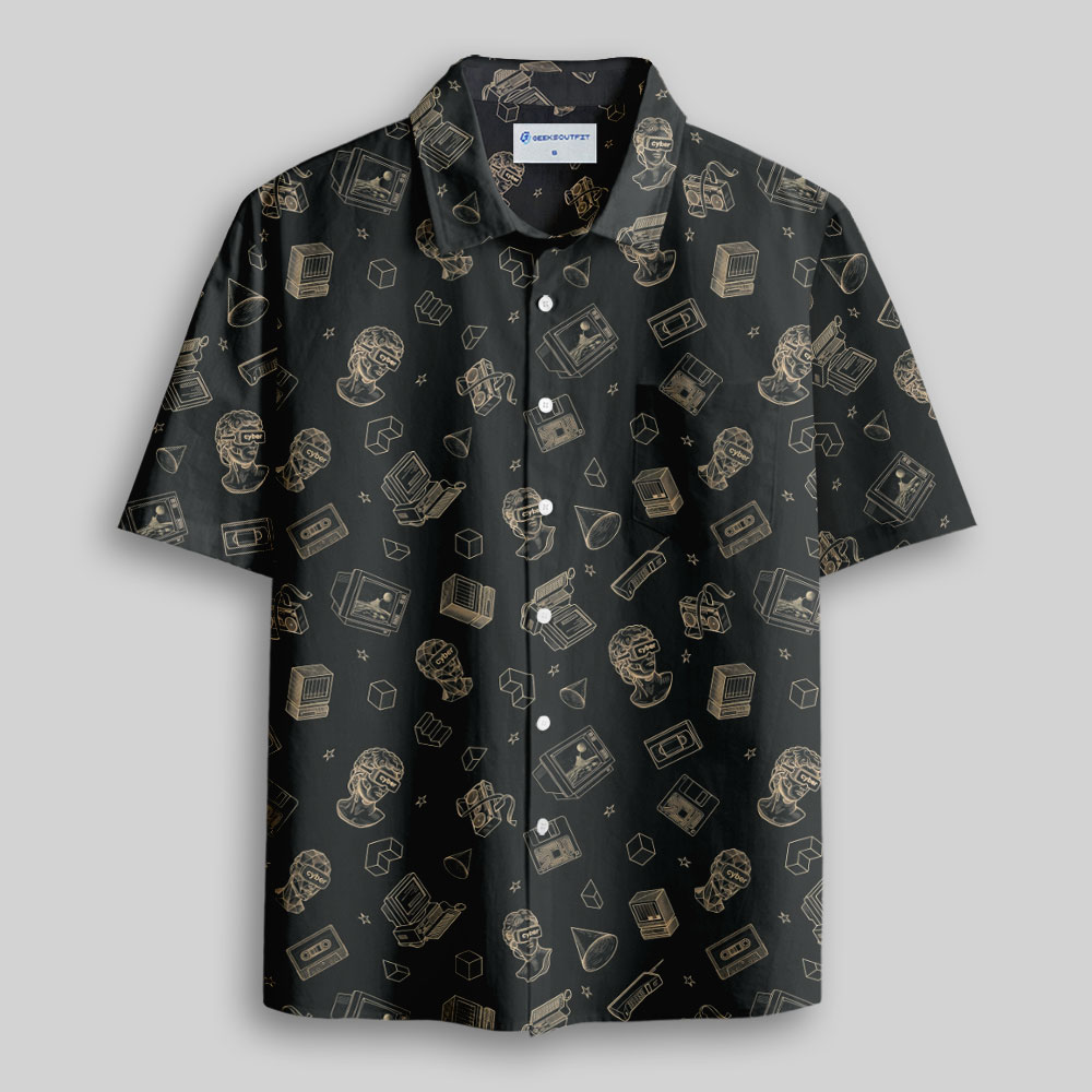 Vaporwave VR Statue Print Button Up Pocket Shirt