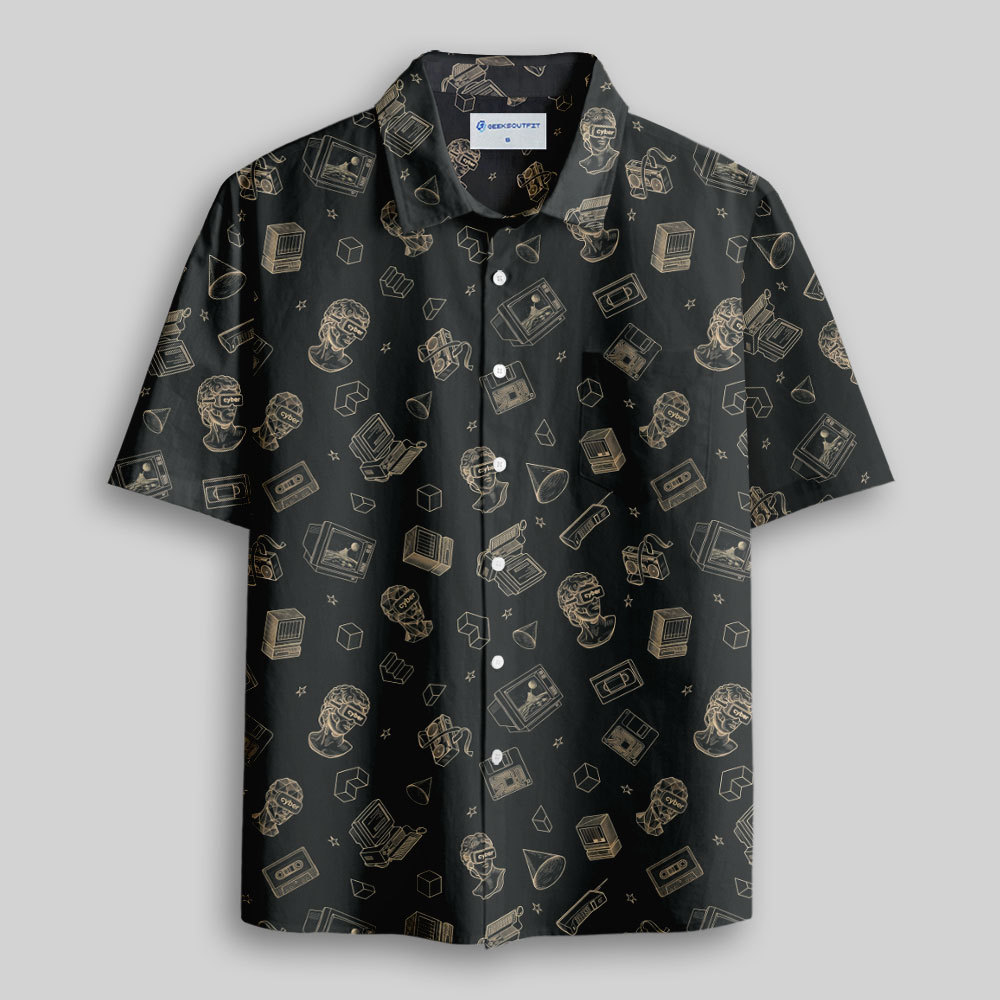 Vaporwave VR Statue Print Button Up Pocket Shirt