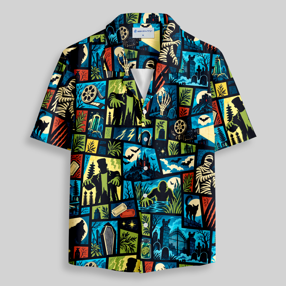 Comic Horror Creature Collage Button Up Pocket Shirt