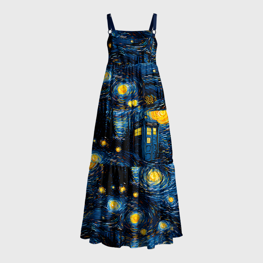 Starry Night Phone Booth Geek Tiered Cami Maxi Dress