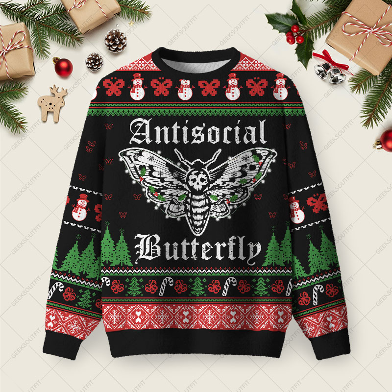 Antisocial Butterfly Ugly Christmas Fuzzy Fleece Sweatshirt