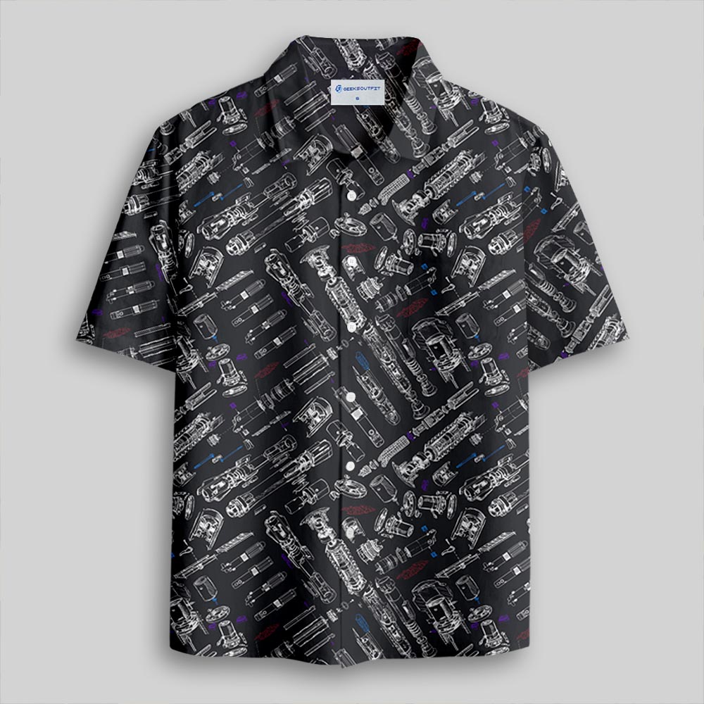 Space War Weapons Black Button Up Pocket Shirt