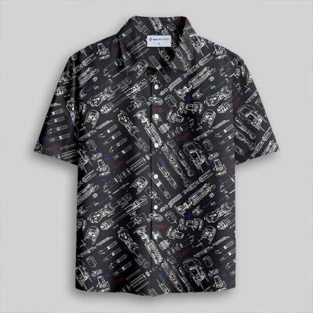 Space War Weapons Black Button Up Pocket Shirt