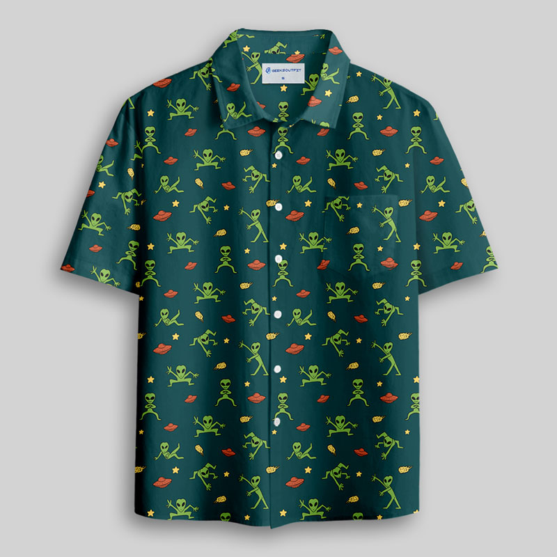 Alien Antics Green Button Up Pocket Shirt