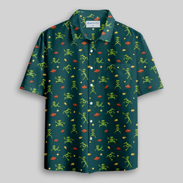 Alien Antics Green Button Up Pocket Shirt