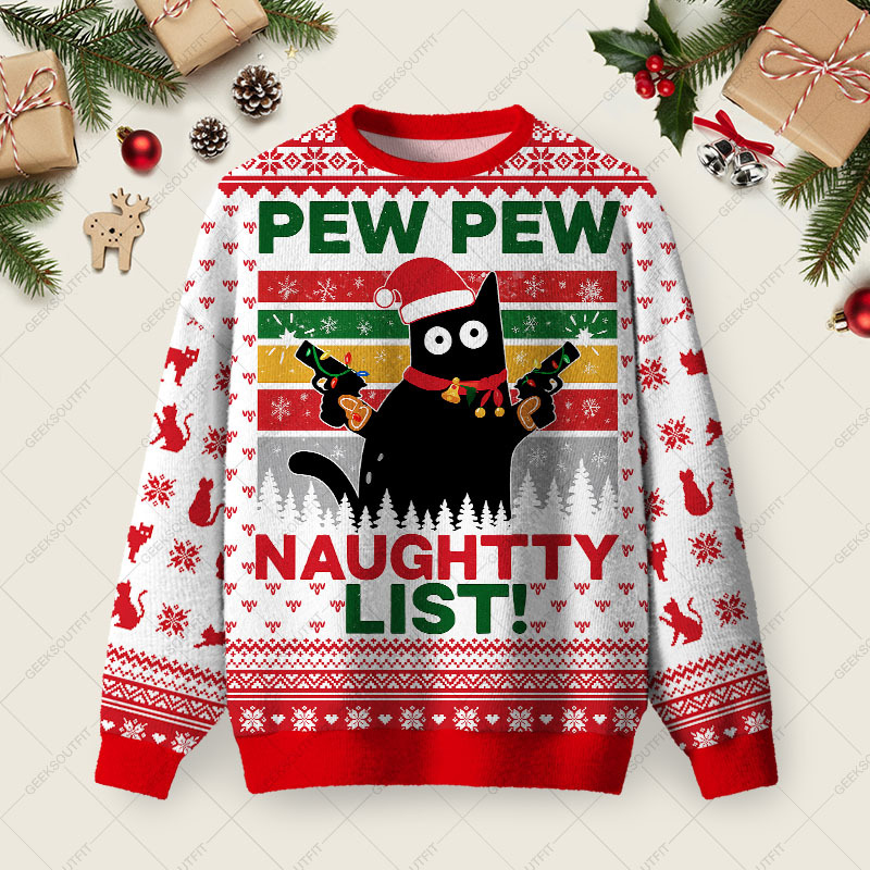 Geeksoutfit Pew Pew Naughty List Ugly Christmas Fuzzy Fleece Sweatshirt for Sale
