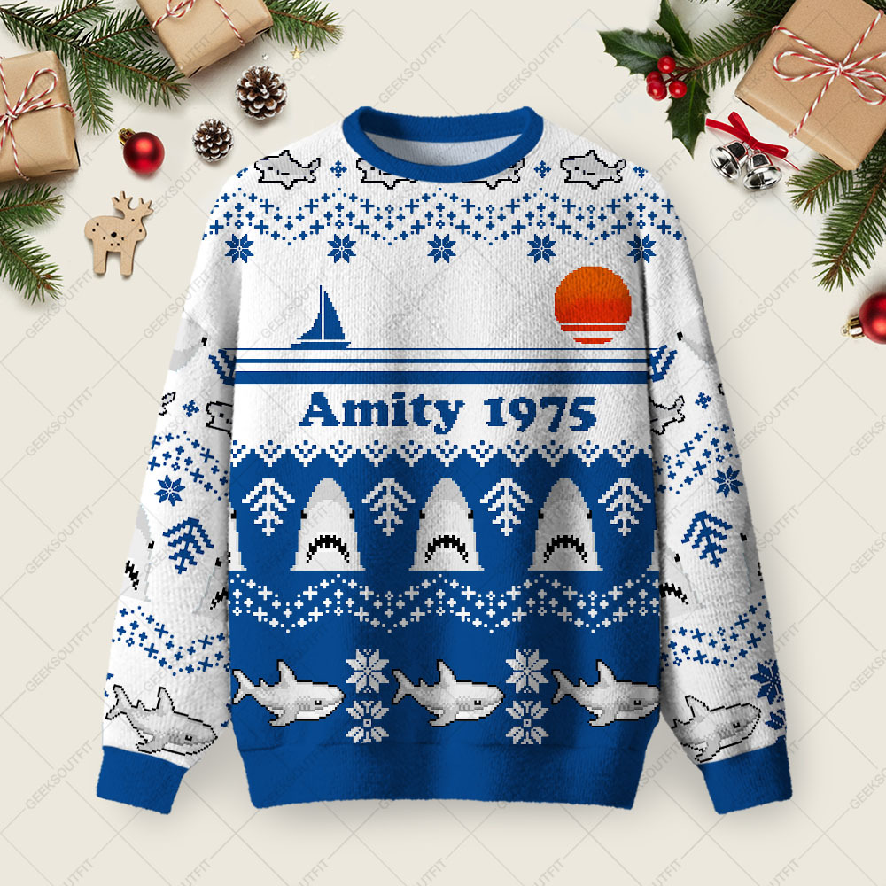 Geeksoutfit Amity 1975 Ugly Christmas Fuzzy Fleece Sweatshirt for Sale