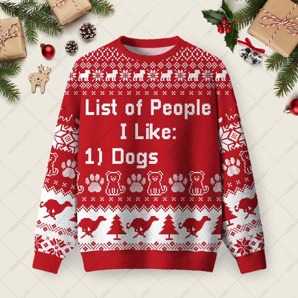 Geeksoutfit List of People I Like Ugly Christmas Fuzzy Fleece Sweatshirt for Sale