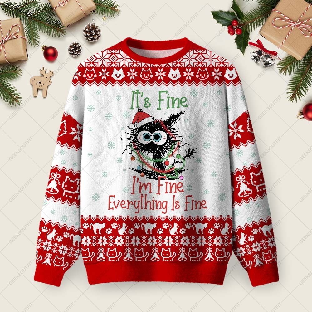 Geeksoutfit It's Fine Ugly Christmas Fuzzy Fleece Sweatshirt for Sale