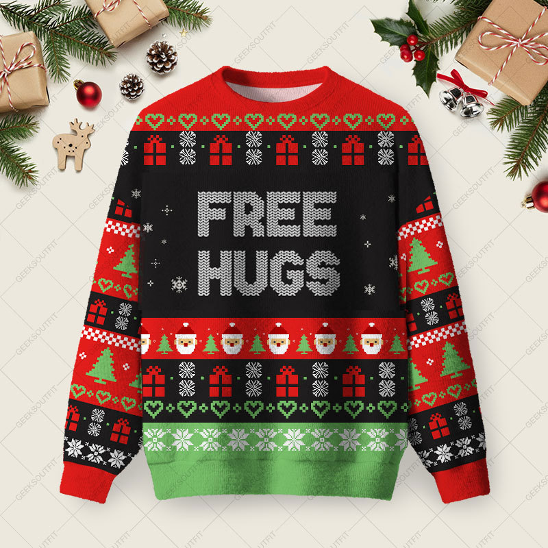 Geeksoutfit Free Hugs Ugly Christmas Fuzzy Fleece Sweatshirt for Sale