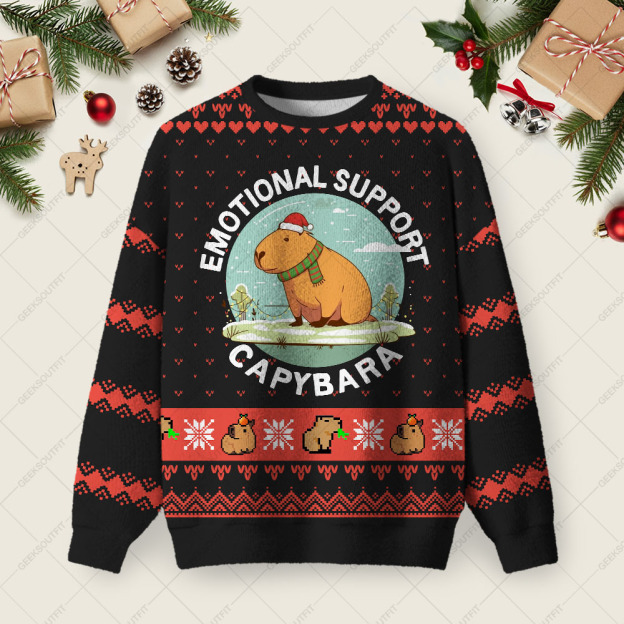 Emotional Support Capybara Ugly Christmas Fuzzy Fleece Sweatshirt