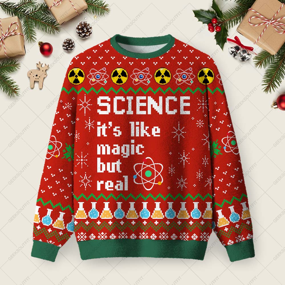 Science It's Like Magic But Real Ugly Christmas Fuzzy Fleece Sweatshirt