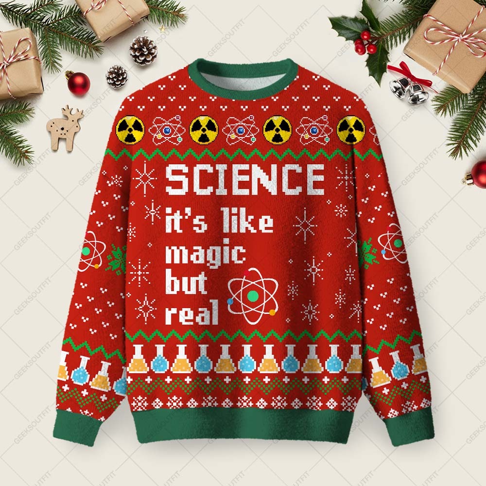 Geeksoutfit Science It's Like Magic But Real Ugly Christmas Fuzzy Fleece Sweatshirt for Sale